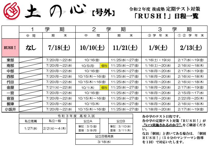 保存版 豊川市立の中学のテスト日程一覧 令和２年度 豊川市の後成塾